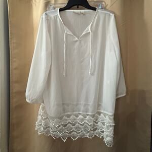 Chico’s White Peasant Blouse Size 2 Crochet Lace Hem Tunic Boho Top